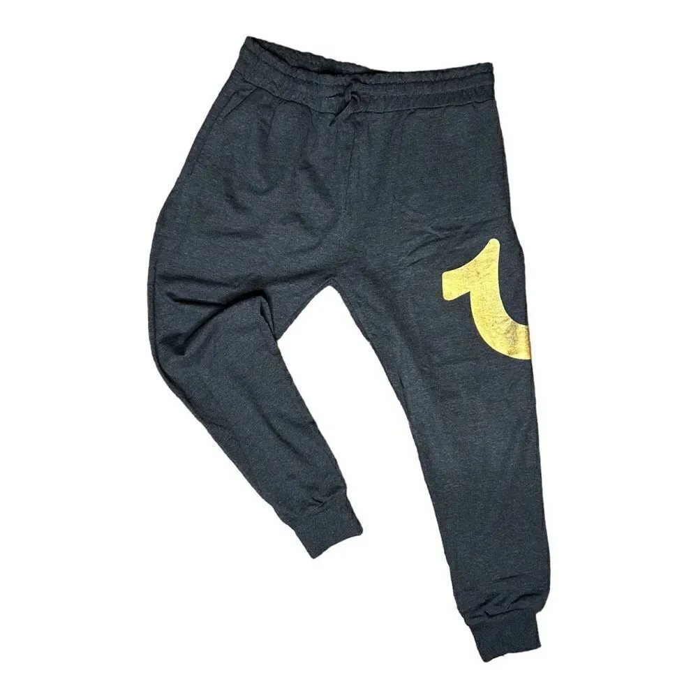 NEW True Religion Jogger Sweatpants Charcoal Grey Gold Logo Elastic Waist Mens L